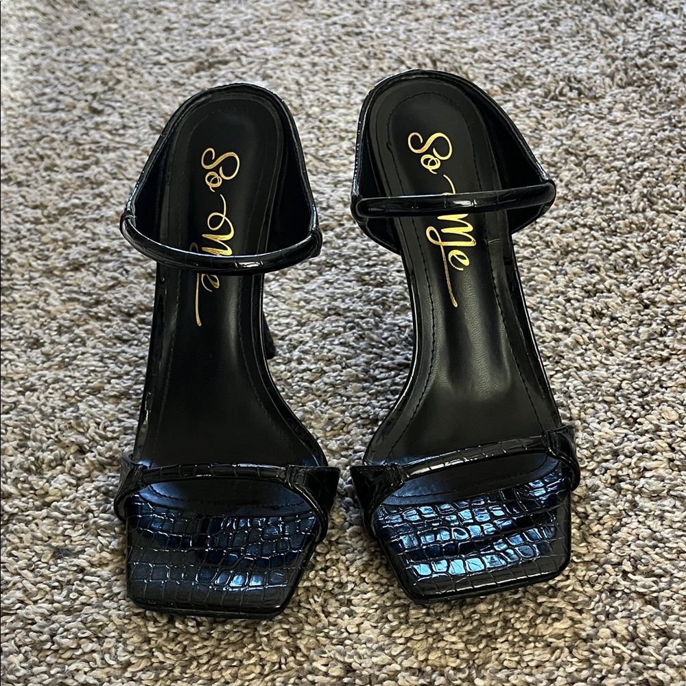 So Me Black Croc-Embossed Square Toe Strappy High Heels - Picture 2 of 6